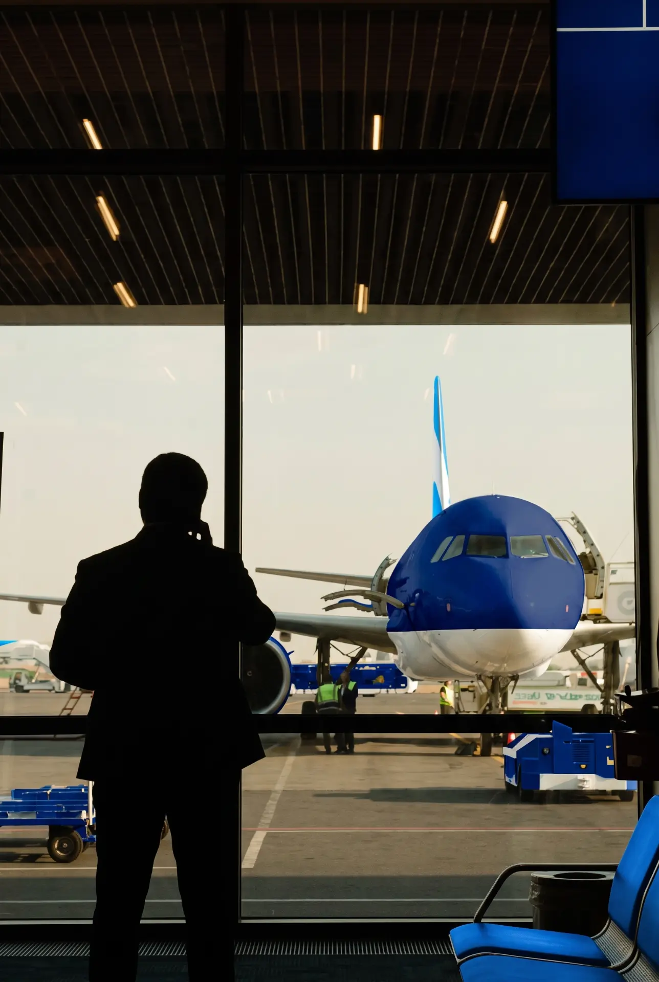 A traveller silhouetted on the phone at a gate in front of a blue aircraft