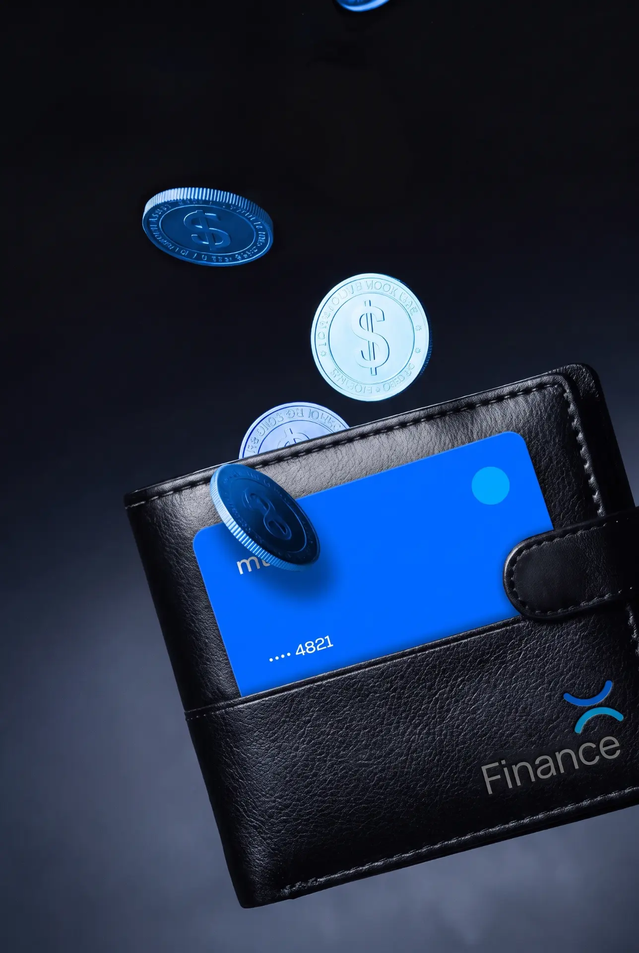 Blue MTX card in a black leather wallet with floating dollar coins