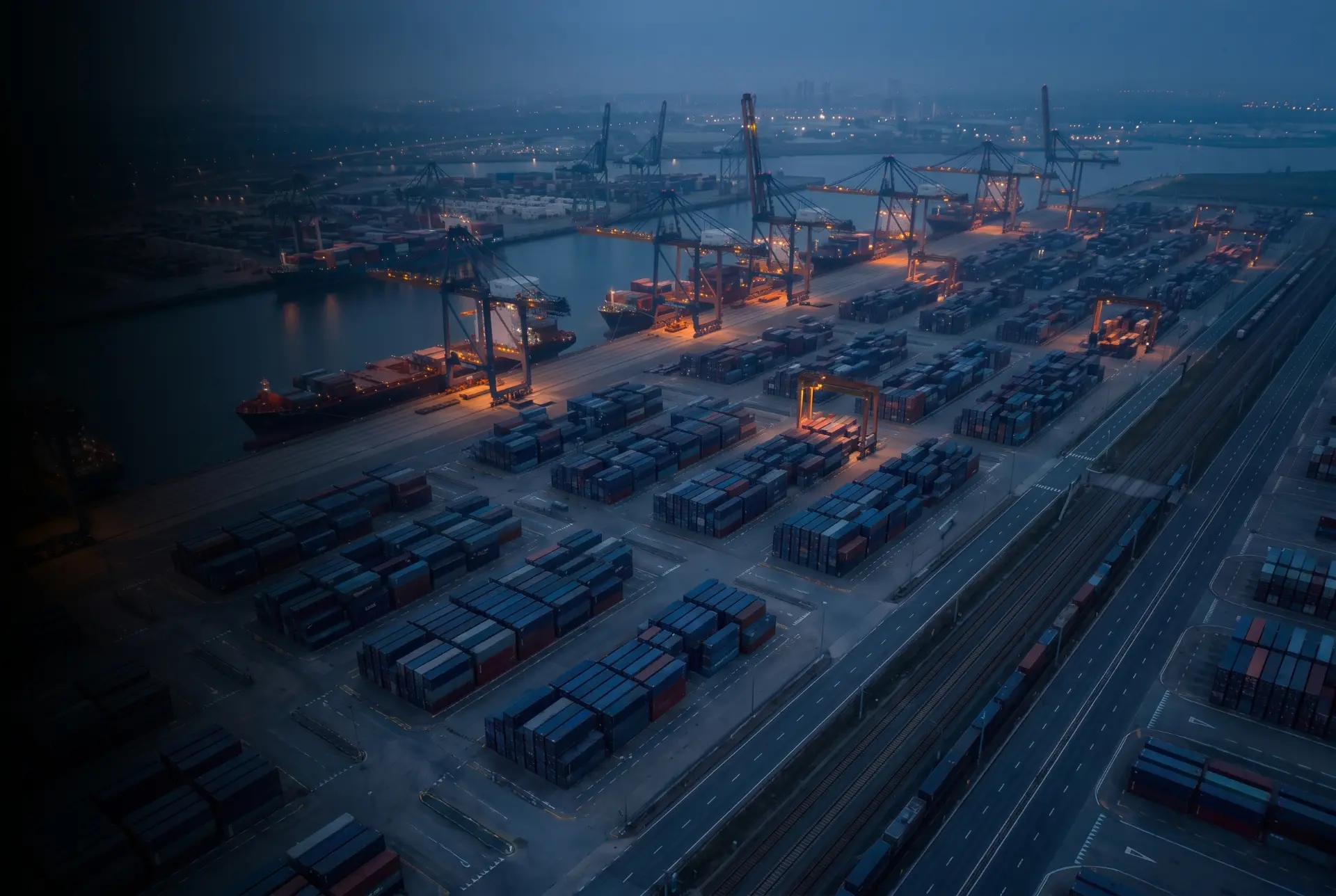 Aerial view of a container port at night, lit in blue
