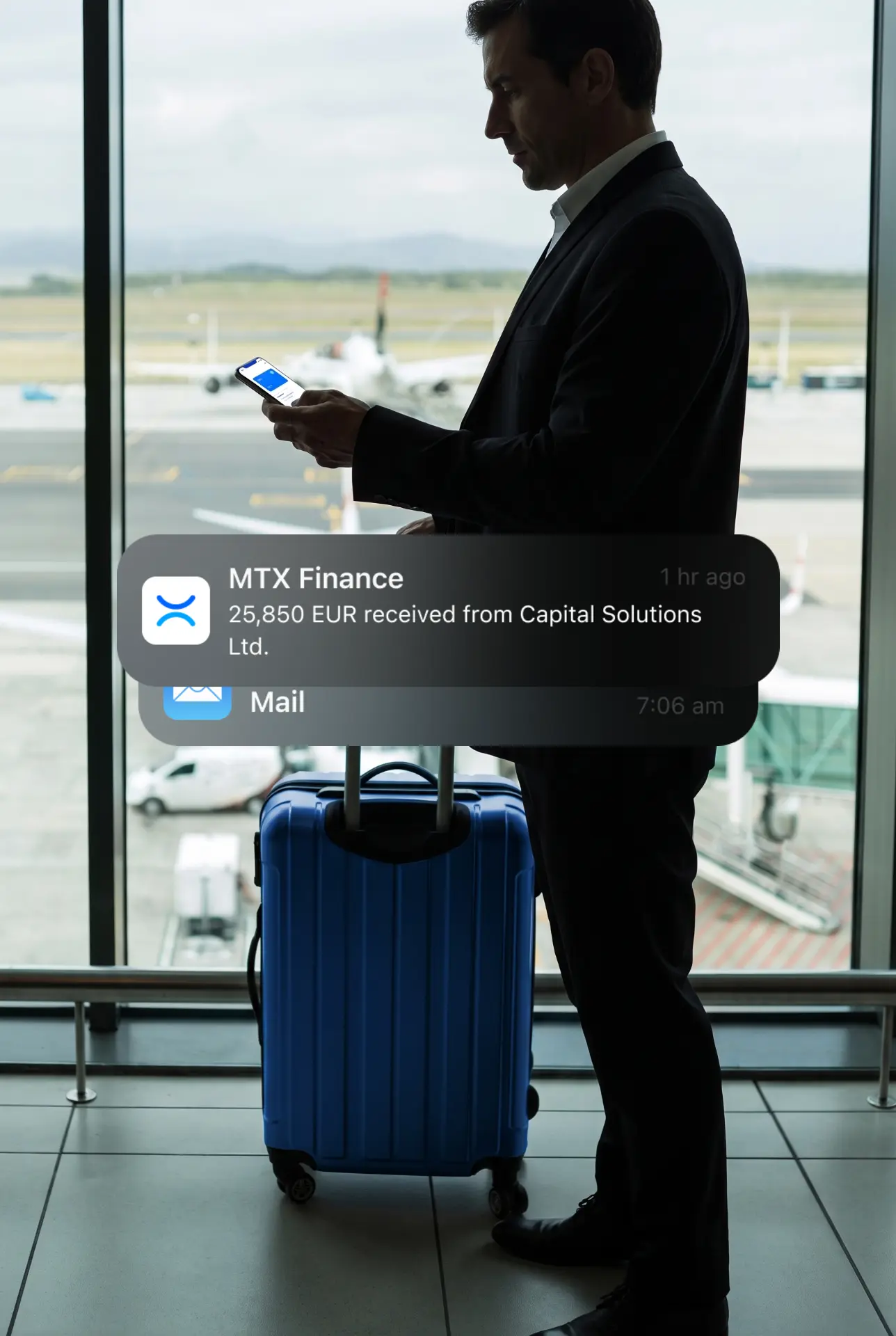 Incoming transfer notification over a businessman with a suitcase at the airport