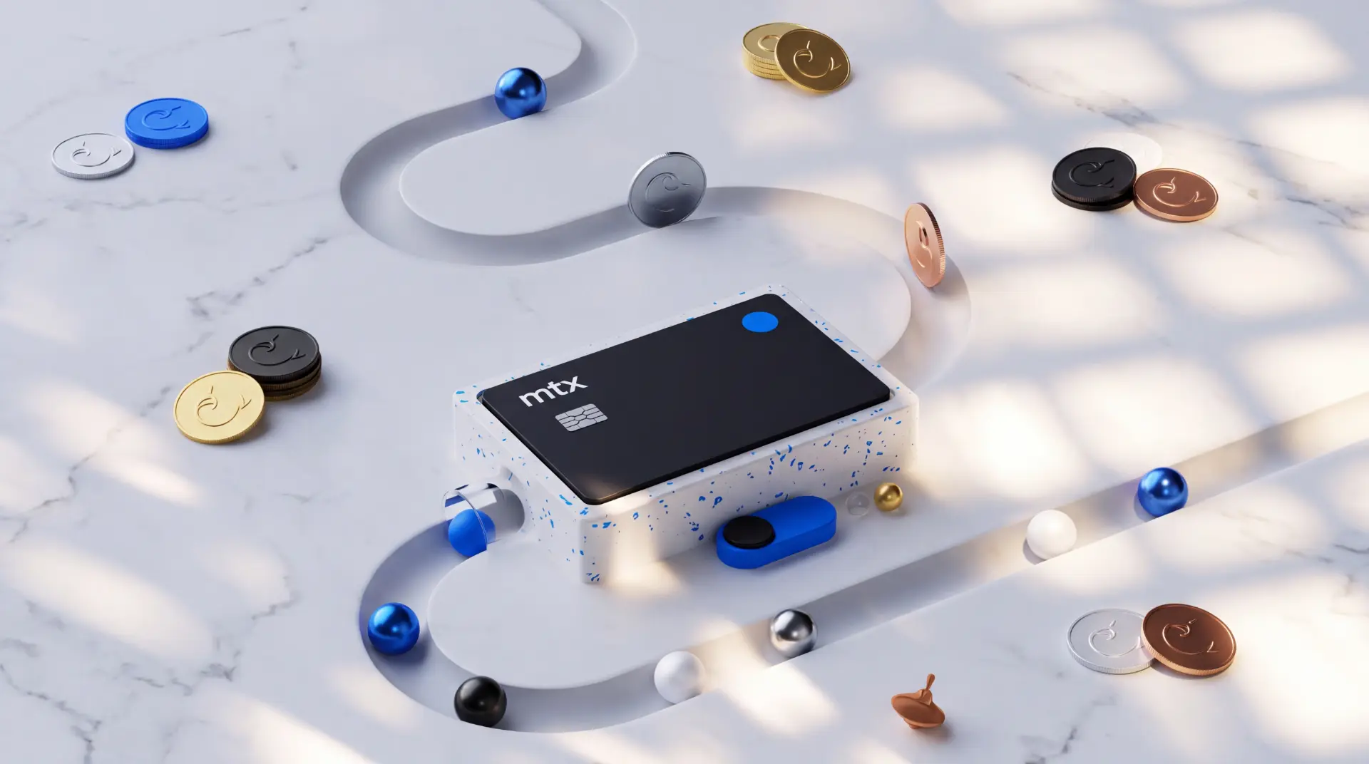 MTX card on a winding track surrounded by colorful coins