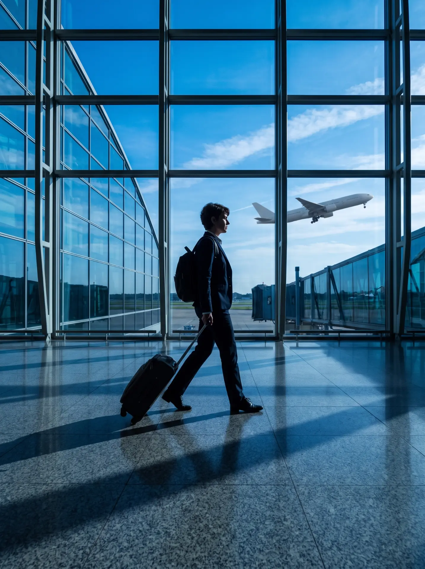 A traveller walking through an airport terminal as a plane takes off