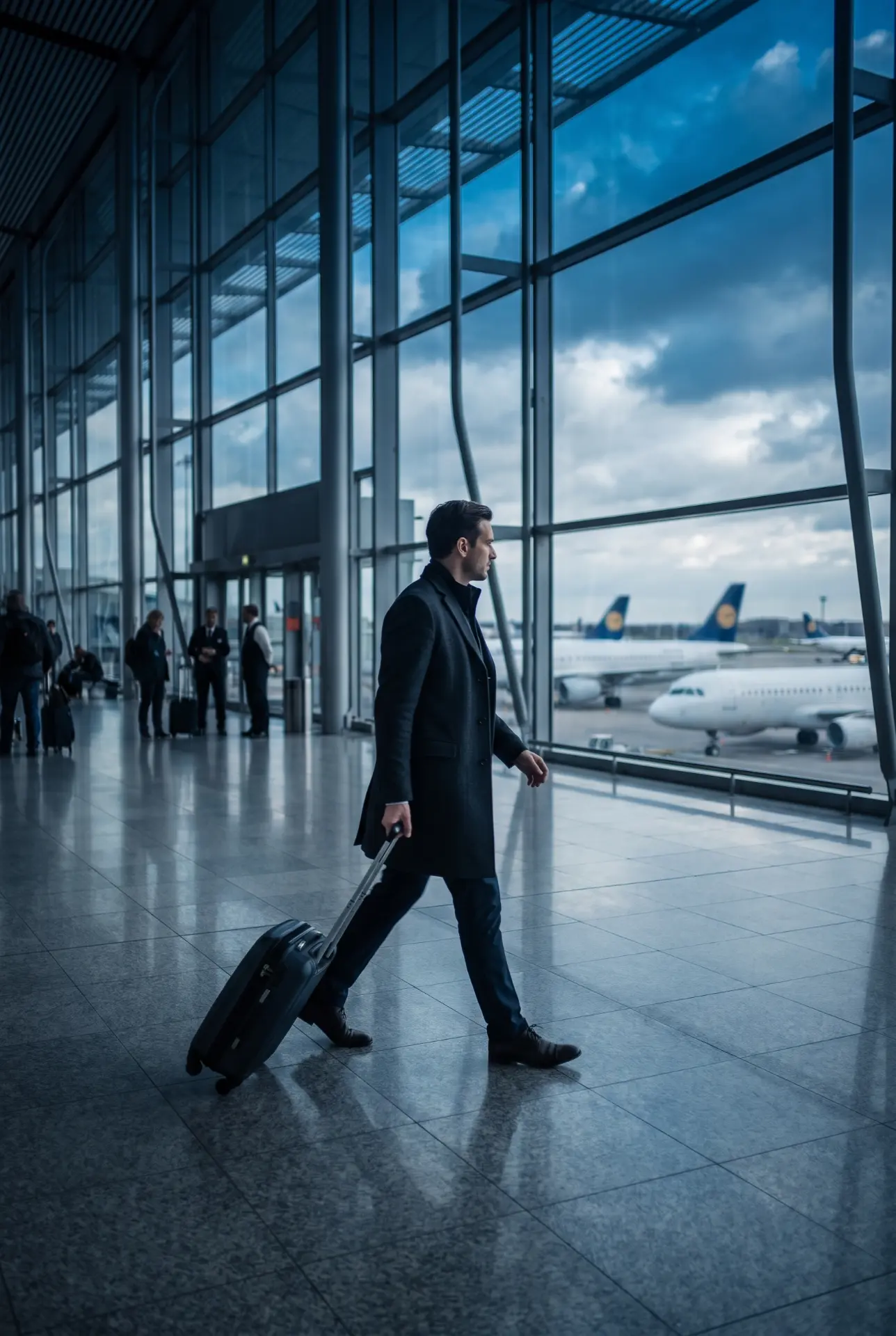 A business travelling through an airport terminal